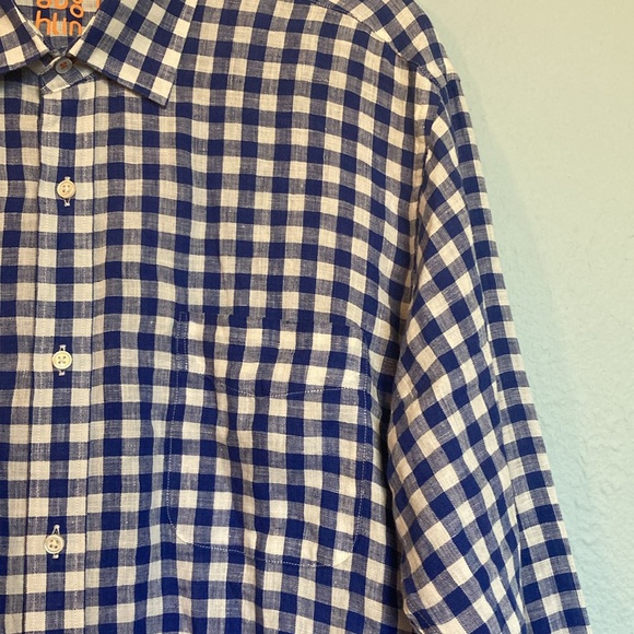 J. McLaughlin Mens Size L Blue White Check Gingham Plaid Button Up Linen Shirt - Picture 5 of 13